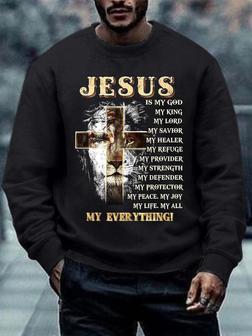 Men Jesus My Everything Lion Cross Letters Regular Fit Sweatshirt - Seseable