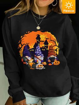 Women Cute Halloween Gnomes Pumpkin Light Fleece Casual Halloween Crew Neck Sweatshirts - Seseable