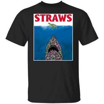 Skip A Straw Save A Turtle Funny Shark Straws Graphic Design Printed Casual Daily Basic Unisex T-Shirt - Thegiftio UK