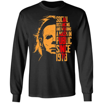 Social Distance Michael Wearing Face Cover Myers Graphic Design Printed Casual Daily Basic Unisex Long Sleeve - Thegiftio