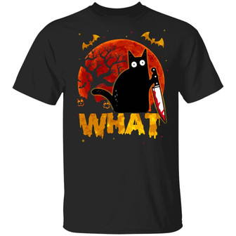 What Funny Murderous Black Cat With Knife Halloween Vintage Graphic Design Printed Casual Daily Basic Unisex T-Shirt - Thegiftio UK