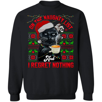 Black Cat Meowy Christmas On The Naughty List I Regret Nothing Hoodie Graphic Design Printed Casual Daily Basic Sweatshirt - Thegiftio UK