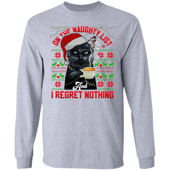 Black Cat Meowy Christmas On The Naughty List I Regret Nothing Hoodie Graphic Design Printed Casual Daily Basic Unisex Long Sleeve - Thegiftio UK