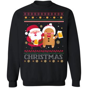 Funny Santa Claus And Gingerbread Drinking Beer Ugly Christmas Sweater Graphic Design Printed Casual Daily Basic Sweatshirt - Thegiftio UK