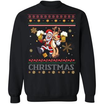 Funny Xmas Santa Claus And Reindeer Drinking Beer Ugly Christmas Sweater Graphic Design Printed Casual Daily Basic Sweatshirt - Thegiftio UK