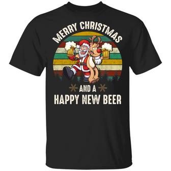 Vintage Xmas Santa And Red Nose Reinbeer Merry Christmas And A Happy New Beer Ugly Christmas Funny Graphic Design Printed Casual Daily Basic Unisex T-Shirt - Thegiftio UK