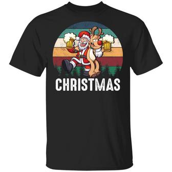 Vintage Xmas Santa Claus And Reindeer Drinking Beer Ugly Christmas Graphic Design Printed Casual Daily Basic Unisex T-Shirt - Thegiftio UK