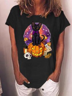 Black Cat Women's Loose Casual Halloween T-shirt - Seseable