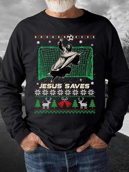 Men Jesus Saves Football Merry Christmas Crew Neck Casual Regular Fit Sweatshirt - Seseable