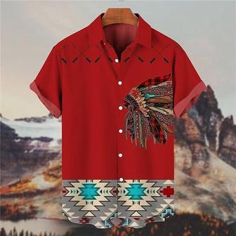 Men's Shirt 3d Print Geometry Turndown Street Casual Button-down Print Short Sleeves Tops Designer Ethnic Style Casual Vintage Wine / Summer - Seseable