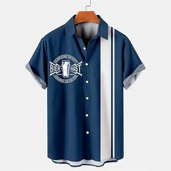 Men's Shirt 3d Print Striped Letter Turndown Street Casual Button-down Print Short Sleeves Tops Designer Casual Fashion Breathable Navy Blue / Summer - Seseable