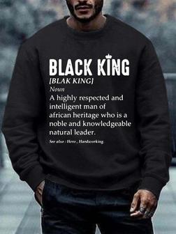 Men Black King Respected Intelligent Hero Hardworking Text Letters Regular Fit Crew Neck Sweatshirt - Seseable