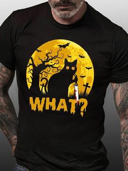Men's Halloween Black Cat What Funny Casual T-shirt - Seseable
