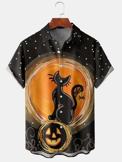 Casual Festive Collection Gradient Halloween Cat And Spider Pumpkin Element Pattern Lapel Short Sleeve Shirt Print Top - Seseable
