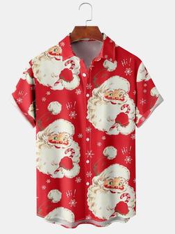 Casual Festive Collection Vintage Santa Claus Pattern Lapel Short Sleeve Shirt Print Top Christmas Gift - Seseable