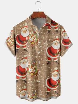 Casual Festive Collection Vintage Santa And Elk Elements Pattern Lapel Short Sleeve Shirt Print Top Christmas Gift - Seseable