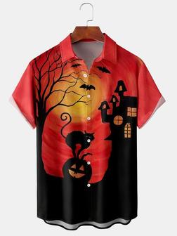 Casual Style Festival Series Gradient Color Halloween Cat Pumpkin Element Pattern Lapel Short-sleeved Shirt Print Top - Seseable
