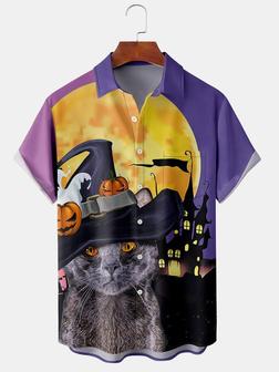 Casual Style Festival Series Halloween Pumpkin Cat Element Pattern Lapel Short-sleeved Chest Pocket Shirt Printed Top - Seseable