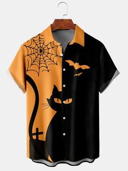 Casual Style Festival Series Halloween Retro Bat Spider Web Cat Element Pattern Lapel Short-sleeved Shirt Print Top - Seseable