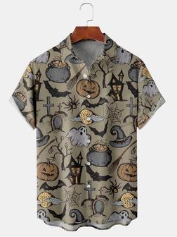 Casual Style Festival Series Halloween Retro Ghost Pumpkin Spider Element Pattern Lapel Short-sleeved Shirt Print Top - Seseable