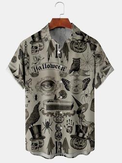 Casual Style Festival Series Halloween Retro Skull Owl Element Pattern Lapel Short-sleeved Shirt Print Top - Seseable