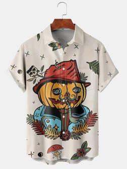Casual Style Festival Series Retro Halloween Element Pattern Lapel Short-sleeved Shirt Print Top - Seseable
