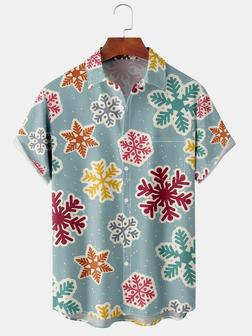 Casual Style Holiday Series Retro Christmas Snowflake Element Pattern Lapel Short-sleeved Shirt Print Top Christmas Gift - Seseable