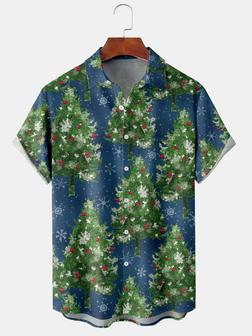 Casual Style Holiday Series Retro Christmas Tree Element Pattern Lapel Short-sleeved Shirt Print Top Christmas Gift - Seseable