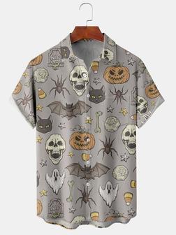 Casual Style Holiday Series Retro Halloween Skull Bat Pumpkin Element Pattern Lapel Short-sleeved Shirt Print Top - Seseable