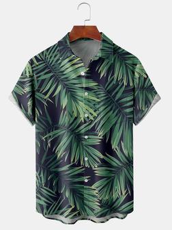 Holiday Style Hawaiian Series Botanical Leaf Element Pattern Lapel Short-sleeved Printed Shirt Top - Seseable