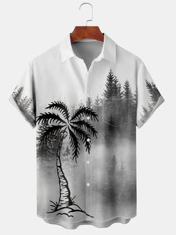 Holiday Style Hawaiian Series Botanical Scenery Coconut Tree Element Pattern Lapel Short-sleeved Chest Pocket Shirt Printed Top - Seseable