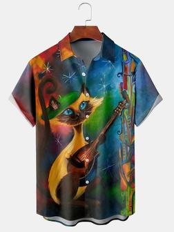 Men's Art Cat Print Casual Breathable Hawaiian Short Sleeve Shirt - Seseable