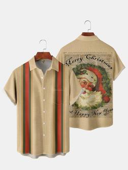 Men's Back Christmas Print Casual Breathable Pocket Bowling Short Sleeve Shirt - Seseable
