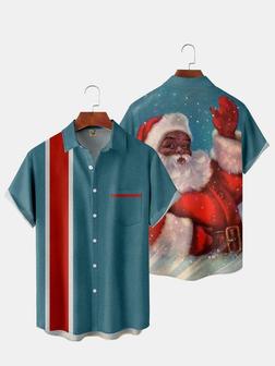 Men's Back Christmas Santa Clause Print Casual Breathable Pocket Bowling Short Sleeve Shirt - Seseable