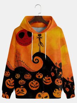 Men's Black Halloween Hoodie Graphic Print Fashion Hooded Long Sleeve Sweatshirt - Seseable
