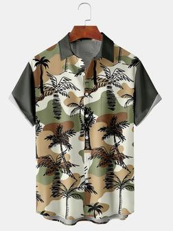 Men's Botanical Camo Print Casual Fabric Fashion Pocket Lapel Short Sleeve Shirt - Seseable