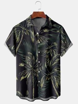 Men's Botanical Floral Print Moisture Wicking Fabric Fashion Pocket Hawaiian Lapel Short Sleeve Shirt - Seseable