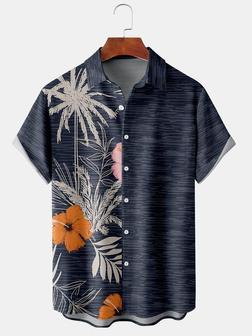 Men's Botanical Print Casual Fabric Fashion Pocket Lapel Short Sleeve Shirt - Seseable