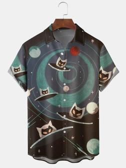 Men's Casual Art Cat Spacecraft Print Short Sleeve Hawaiian Shirt With Chest Pocket - Seseable