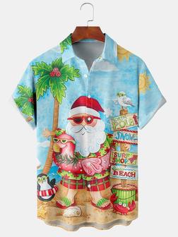 Mens Christmas Santa Surfing Print Front Buttons Soft Breathable Chest Pocket Casual Hawaiian Shirts - Seseable