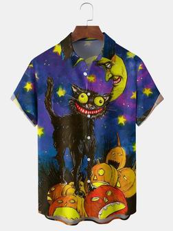 Mens Funky Halloween Black Cat Print Front Buttons Soft Breathable Chest Pocket Casual Aloha Shirts - Seseable