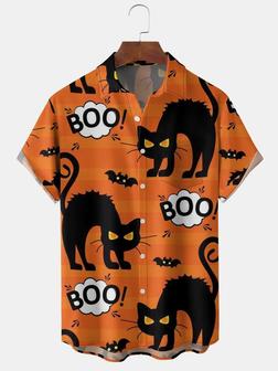 Mens Funky Halloween Cats Boo Print Front Buttons Soft Breathable Chest Pocket Casual Hawaiian Shirts - Seseable