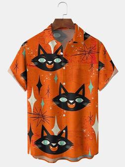 Mens Funky Halloween Cats Print Front Buttons Soft Breathable Chest Pocket Casual Aloha Shirts - Seseable