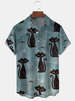 Mens Funky Halloween Cats Print Front Buttons Soft Breathable Chest Pocket Casual Blue Hawaiian Shirts - Seseable