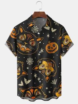 Mens Funky Halloween Cats Print Front Buttons Soft Breathable Chest Pocket Casual Hawaiian Shirts - Seseable