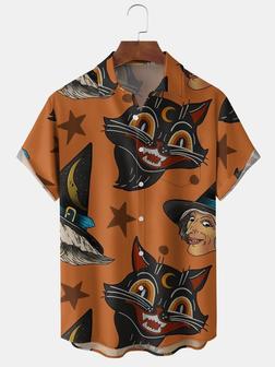Mens Funky Halloween Cats Witch Print Front Buttons Soft Breathable Chest Pocket Casual Aloha Shirts - Seseable