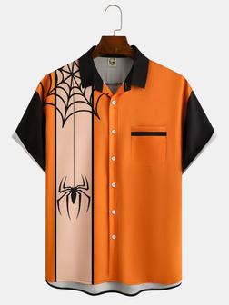 Mens Funky Halloween Spider Print Front Buttons Soft Breathable Chest Pocket Casual Aloha Shirts - Seseable