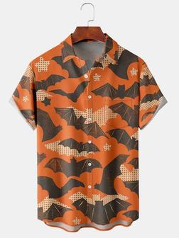 Men's Halloween Bat Print Short Sleeve Hawaiian Shirt With Chest Pocket - Seseable