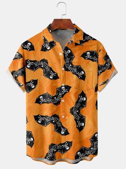 Men's Halloween Bat Print Short Sleeve Hawaiian Shirt With Chest Pocket - Seseable