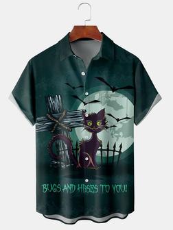 Men's Halloween Black Cat Print Casual Breathable Short Sleeve Shirt - Seseable